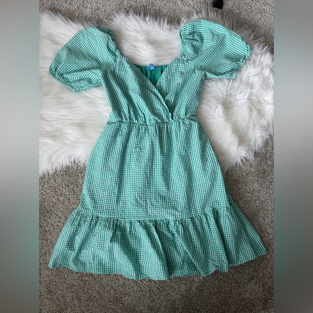 DRAPER JAMES Puff Sleeve Surplice Gingham Dress XS NWOT